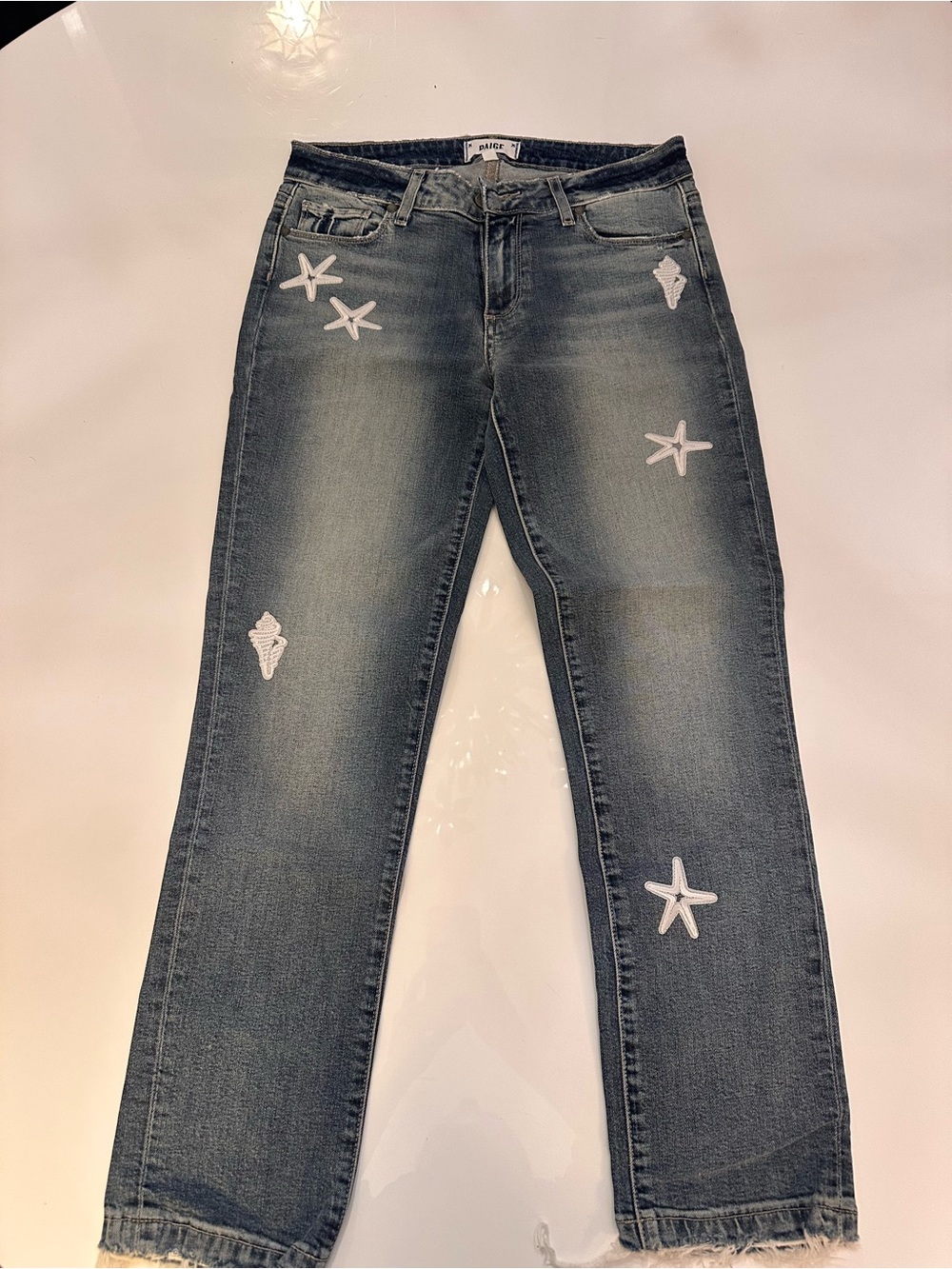 PAIGE Washed Blue Straight Leg Jeans with White Starfish Embroidery